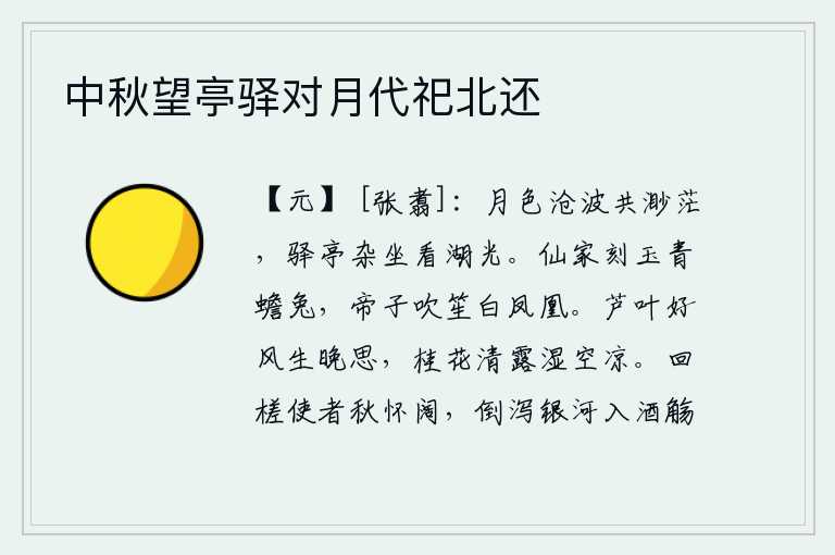 中秋望亭驿对月代祀北还,皎洁的月光洒满了湖面,水波浩渺无边。我坐在驿亭旁,欣赏着迷人的湖光山色。仙人家里雕刻的玉石上刻着青色的月亮和兔子,天上的神仙吹笙时却吹的是白色的凤凰。秋风吹拂着