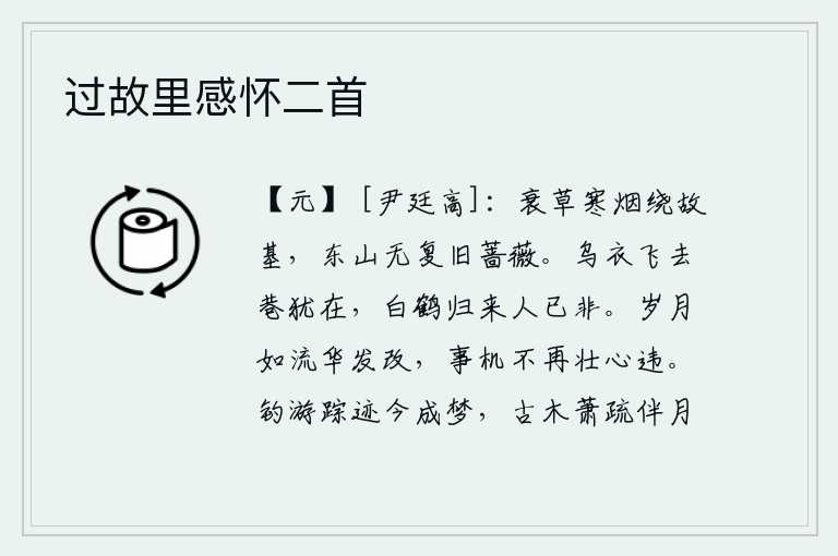 过故里感怀二首,衰败的野草和寒冷的烟雾环绕着旧日的墓地,东山上的蔷薇已经没有了旧日的枝叶。那个穿黑衣服的人飞走了,街巷仍然存在;那只白鹤归来了,人已经不是原来的样子了。岁月如流