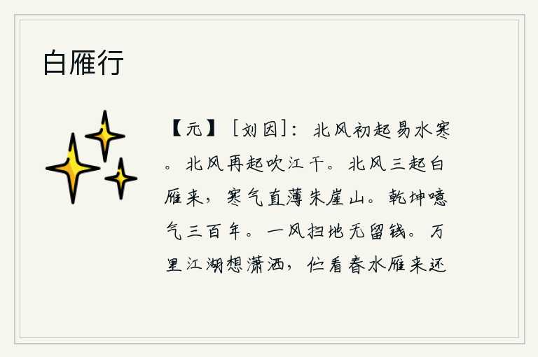白雁行，北风刚刚刮起,易水泛起阵阵清冷的寒意。北风又一次刮起来,吹到江岸上。北风骤起,白雁三次飞来,凛冽的寒气一直吹到朱崖山上。《噫气卦》的卦象是乾坤之表象,与天地相连