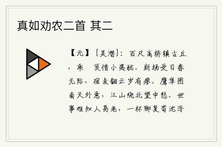真如劝农二首 其二,高高的百尺桥镇守着古老的山丘,乘着闲暇不要顾惜那小小的夷犹。初生的杨树沐浴着阳光,春天的景象无边无际;早熟的麦子像翻腾的云一样,经过一年的努力就会有所好转。鹰隼