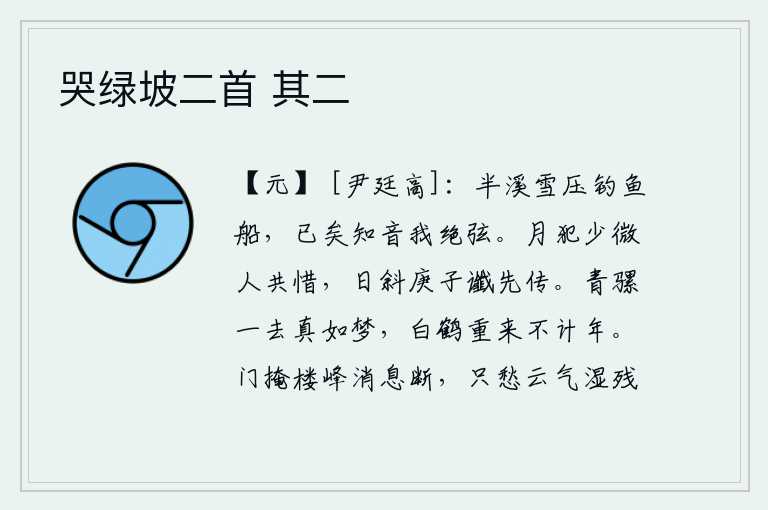 哭绿坡二首 其二,半溪的积雪压在钓鱼的船上,知音已经去世,我的琴弦也已断绝。月亮冒犯了少微星辰人们都感到惋惜,太阳偏西到了庚子这一年预言的预兆就先传开了。青骡一去就好像是在梦中,