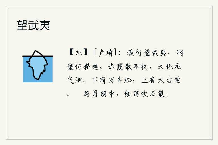 望武夷，沿着溪水前行,遥望武夷山,那陡峭的崖壁多么险峻绝顶!《赤霞卦》的卦象是乾下坤上,为阳气盛极而不能收敛之表象,因为阳气已经化育万物,阴气已经消散,阳气又开始衰退。