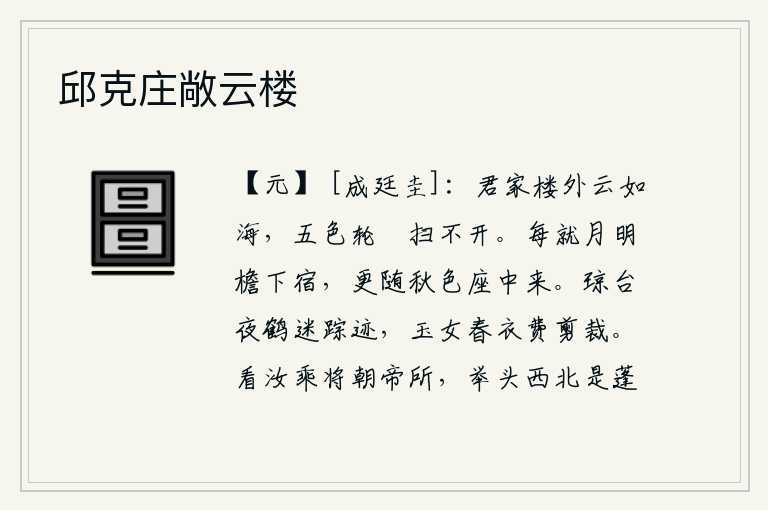 邱克庄敞云楼，你家楼外乌云密布如海,五彩缤纷的车轮和帐篷打扫不掉。我常常在月光照耀下的屋檐下睡觉,秋天的景色更随我的座位中来到。夜晚在琼台上的仙鹤已杳无踪迹,玉女的春衣白白地