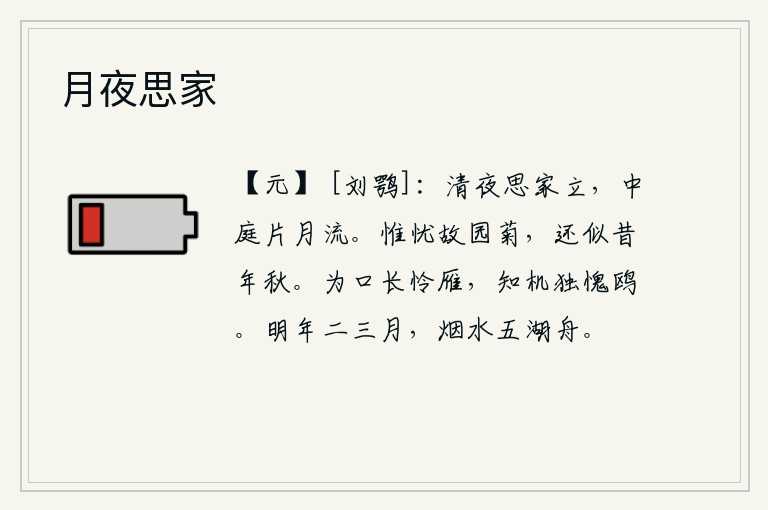 月夜思家,清冷的夜晚我伫立在思念家乡的院子里,只见半轮明月从中庭升起,像在流淌。只忧虑故园里的菊花,又像当年的秋天一样凋谢。因为口才而常常爱惜大雁,知道时机而独自惭愧白鸥