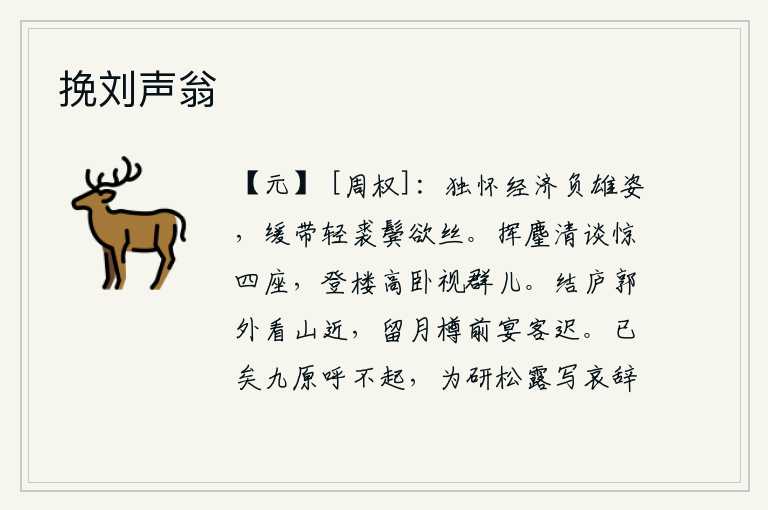 挽刘声翁，胸怀经世济民的雄心壮志辜负了自己的英姿,身着宽松的衣裙,身穿轻便的皮袍,两鬓已是白发苍苍。他轻轻挥动着麈尾,高谈阔论,惊动了满座的客人。他登上高楼,仰卧在楼上,