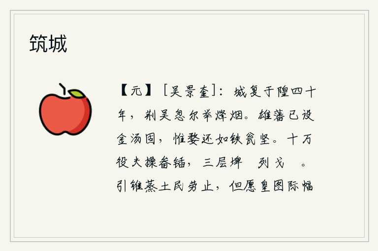 筑城,建康城被收复在护城河里已经四十年了,忽然间荆州、吴郡一带的烽火台上就点起了烽烟。雄伟的藩篱已经修筑得像金汤那样坚固,只有婺州还像铁瓮那样坚固。十万名差役手拿着畚