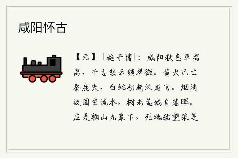咸阳怀古,咸阳城里秋色萧索,野草萋萋,满目疮痍;千百年来的愁绪,笼罩着苍翠的山峰。黄犬已经死去,秦朝的野鹿也不见了踪影;白蛇刚刚被截断,汉朝的龙也开始飞走了。故都的烟雾已