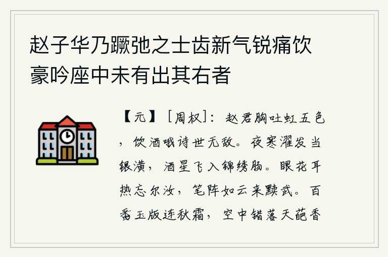 赵子华乃蹶弛之士齿新气锐痛饮豪吟座中未有出其右者,赵飞燕胸中吐出五彩斑斓的虹霓,喝着酒啊诗坛上没有人能与之匹敌。在寒冷的夜晚,我正在银潢中洗发,酒星飞入我的锦绣肠。眼花耳热忘记了你我,笔阵如云写下这篇《黩武》来