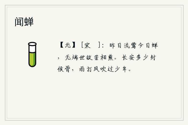 闻蝉，昨天的黄莺飞来飞去,今天却变成了蝉鸣,无缘无故地因为世间的事而苦苦地煎熬着它们。长安城里有那么多被封侯的尸骨,像雨打风吹一样地漂过了那些年少的英雄。
