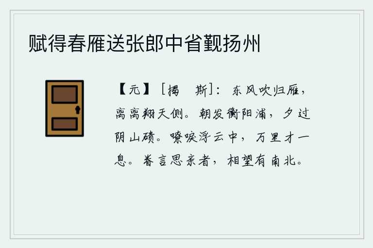 赋得春雁送张郎中省觐扬州,春风吹来了归雁,一群群离散的鸿雁在蓝天旁边翱翔。清晨从衡阳渡口出发,傍晚经过阴山的沙漠。雄鸡在浮云中欢快地鸣叫,飞向万里之外,才停下一息。《眷言》中说到思念自己