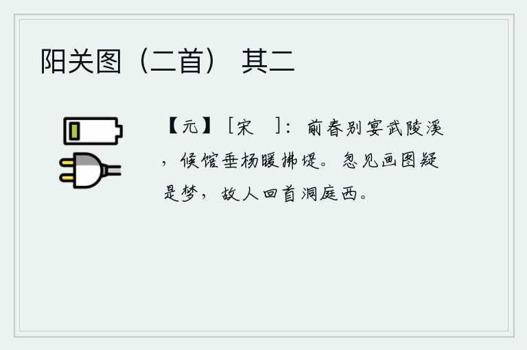 阳关图（二首） 其二，前年春天我们在武陵溪畅饮饯别,旅舍的垂杨柳在春风中轻拂着河堤。忽然看见眼前的山水画我怀疑是幻梦,故人回头眺望洞庭湖西岸。