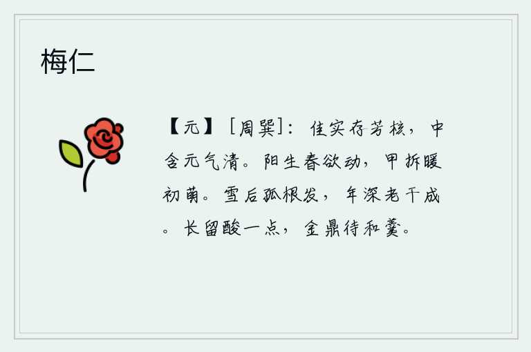 梅仁，美好的果实贮藏着芬芳的核壳,里面蕴藏着清澈的元气。阳气开始萌动,春天就要来临了。冬至时节,天气刚刚转暖,万物萌芽。大雪过后,树干孤零零地竖立起来;时间一长,树干