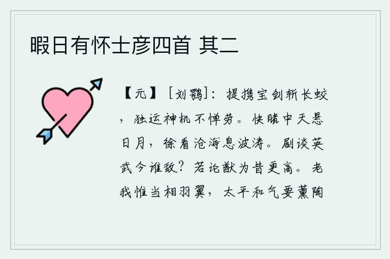 暇日有怀士彦四首 其二,手携宝剑,奋勇杀敌,独运神机,毫不畏惧辛劳。我心情舒畅地看着天空中悬挂着的日月,慢慢地看那沧海中的波涛平静下来。人们谈论英雄豪杰,如今有谁能与之匹敌呢?如果我的