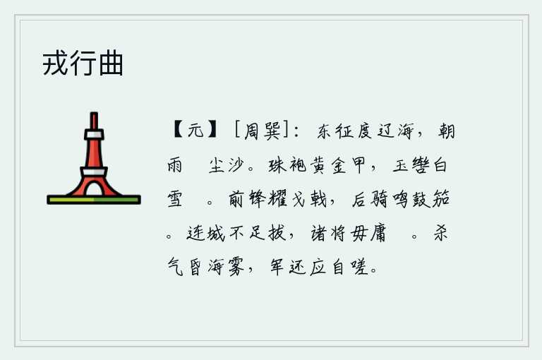 戎行曲,东征人渡过辽阔的大海,清晨的雨水浸湿了泥沙。身穿珠宝镶嵌的战袍,身披黄金装饰的铠甲,用玉制成的马缰绳系着白色雪白的骏马。前锋的戈戟闪耀着光芒,后面的骑兵敲响了战