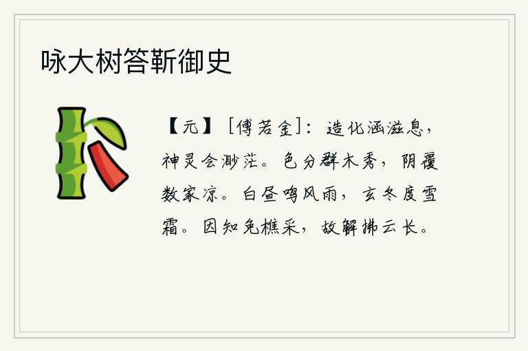 咏大树答靳御史，天地间的万物都在不停地运动着,只有那无穷无尽的造化之气才能弥漫开来。这一切都是由于它所蕴藏的巨大变化而造成的。青翠的树木分出一派秀色,浓密的树荫遮盖了数家人的屋