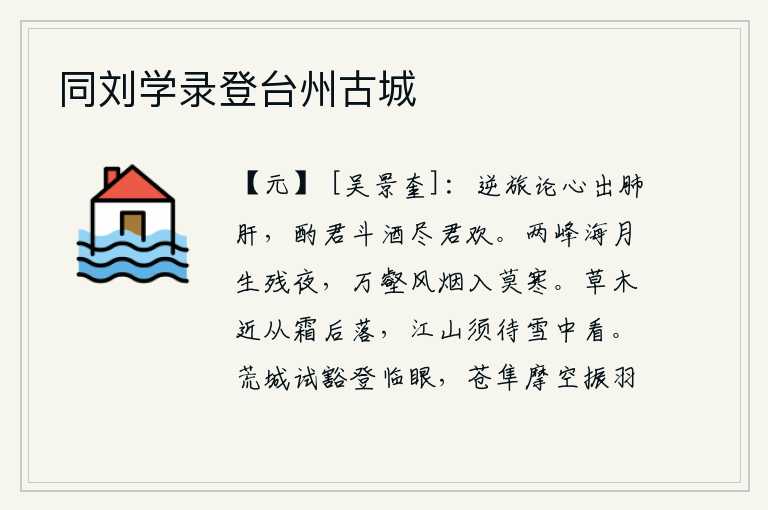 同刘学录登台州古城，客居他乡,我们倾吐心事,直抒肺腑之情。我斟满您的美酒,尽情地享受着您的欢乐。残夜的月光从两座山峰上升起,万壑之中弥漫着阵阵风烟,让人顿感寒意。草木近来就要在秋霜