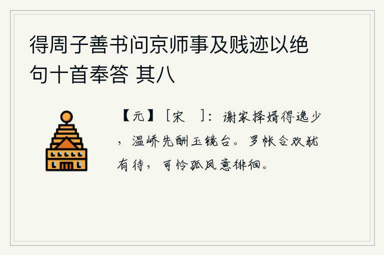 得周子善书问京师事及贱迹以绝句十首奉答 其八，谢灵运家挑选女婿是一位俊逸的少年,温峤先用玉镜台为他作酬谢。罗帐中的欢愉还等待着你,可怜那孤独的凤凰在心头徘徊不前。