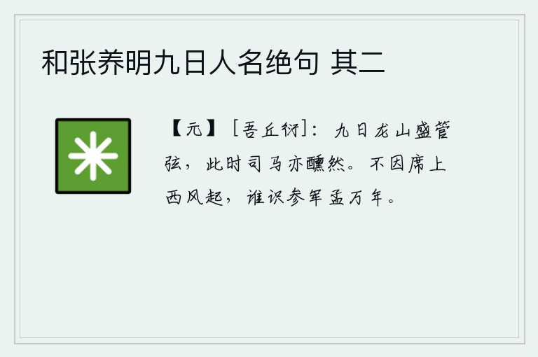 和张养明九日人名绝句 其二，九日在龙山上吹奏起盛大的管弦乐曲,此时我司马懿也喝得酩酊大醉。如果不是由于席上的西风吹起,谁还能认识孟万年呢?