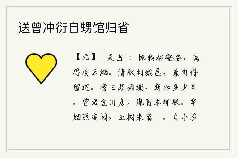 送曾冲衍自甥馆归省,感慨我生长在山林沟壑中的姿态,高尚的情操可以凌驾云烟之上。深秋时节来到城镇,十天之内得以停留不归。年纪大的老人已经很衰老,新结交的朋友又活了多少年呢?曾参是金川