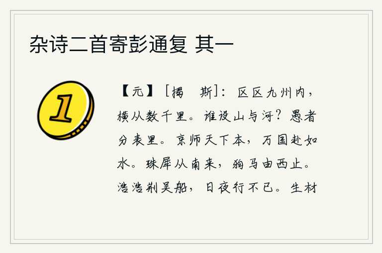 杂诗二首寄彭通复 其一,在小小的九州之内,纵横交错有几千里之远。是谁开辟了高山和黄河呢?愚蠢的人是不会分辨事物的外部情况和内部情况的。京城是天下的根本,万国之人像流水一样奔赴京城。珍珠
