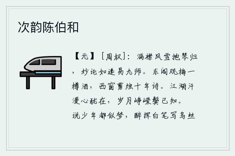 次韵陈伯和，满怀风雪我抱着琴归来,高谈阔论就像逢易九师那样容易。在东阁观赏梅花喝一杯美酒,在西窗下点着蜡烛吟诵十年的诗篇。漂泊江湖,汗流满面,我的心仍然健在;岁月流逝,我已