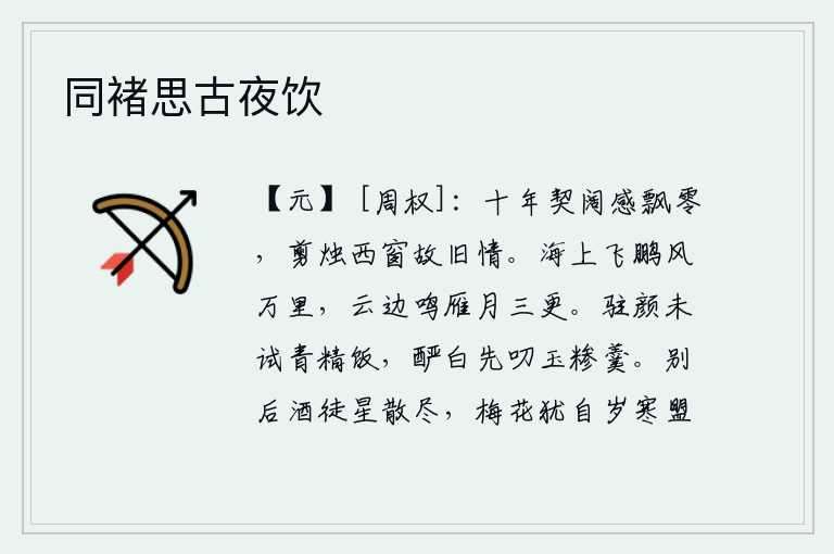 同褚思古夜饮,十年的分离使我感慨万千,在西窗下剪烛诉说着旧日的情谊。大鹏在浩瀚的海上升起,迎着万里之风飞翔。鸿雁在云边不停地鸣叫,月亮已经快到三更时分了。停下脸来还没有试吃青