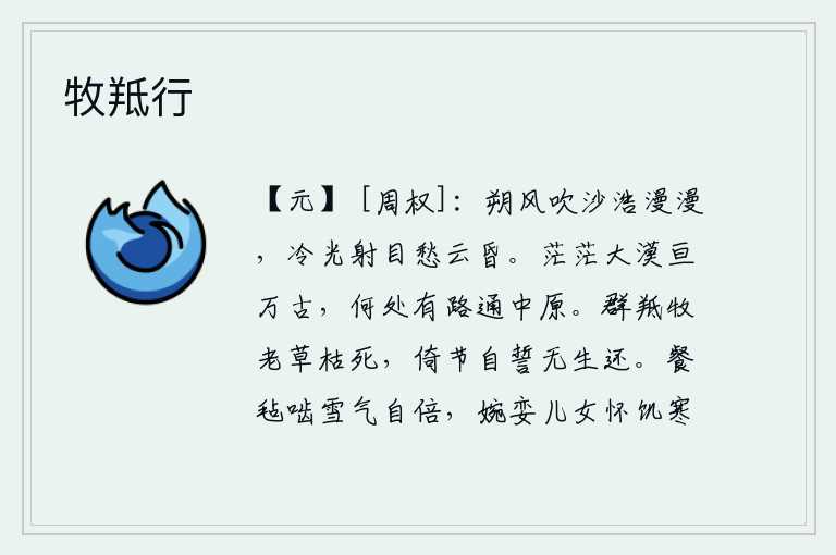 牧羝行,凛冽的北风吹来了沙子,一片汪洋。寒冷的阳光照耀着我的眼睛,使我愁思郁结,昏暗不明。辽阔的沙漠绵延万古,哪里有通往中原的道路?群羝羊放牧时年老草枯死,它们倚仗着节
