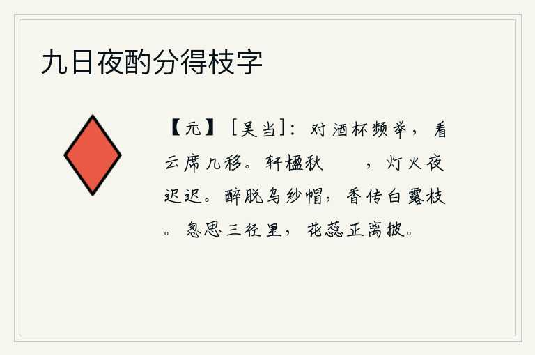 九日夜酌分得枝字,面对着美酒频频举起酒杯,看那云彩飘动的席子不知移动了几次。秋天的夜晚,庭院的柱子发出凄清的响声,昏暗不明的灯光照着漫漫长夜。酒醉后脱下乌纱帽,白露枝上散发着阵阵