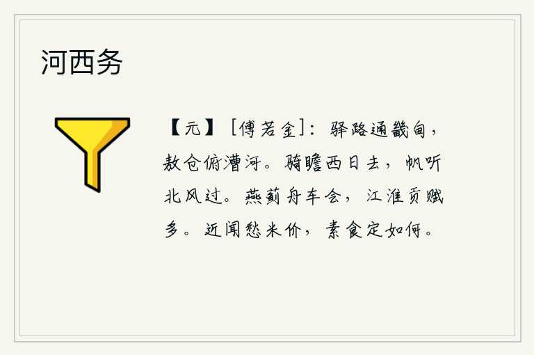 河西务,驿路通往京城附近地区,敖仓可以俯视漕河。骑在马上看着西边的太阳快要落山了,乘坐的船听着北风吹过。燕蓟一带车船相会,长江、淮河一带的贡赋很多。近来听说人们为米价而