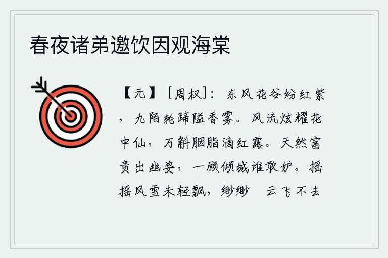 春夜诸弟邀饮因观海棠,东风吹过,山谷中的花朵全都变红变紫,大道上车马缓缓行进,香雾弥漫在路上。她风流倜傥,光彩照人,犹如花中的神仙,像万斛的胭脂滴入红露中一样美丽。天生的富贵是出自幽