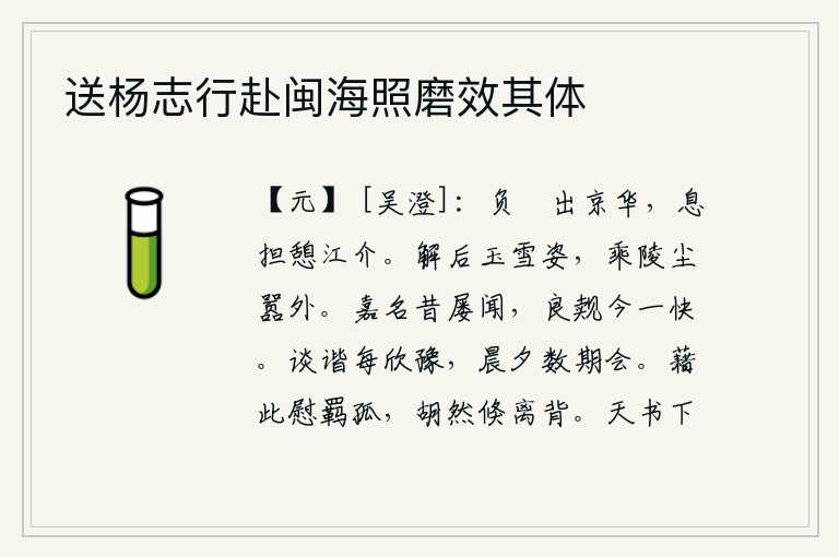 送杨志行赴闽海照磨效其体,我肩扛着病体走出京城,放下担子在江边歇息。解后姿色如玉洁白如雪,登上皇陵远离尘世。美好的名声从前屡次听到,今天见到这样的好朋友真是太快活了。和朋友们谈话时总是很