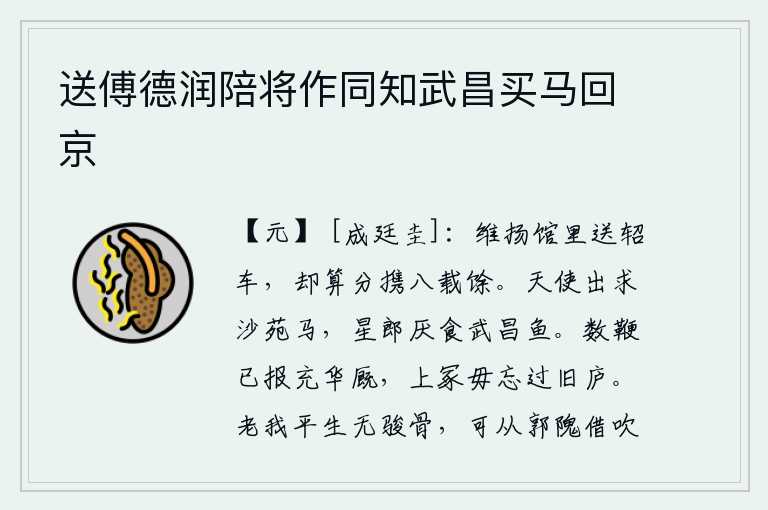 送傅德润陪将作同知武昌买马回京,维扬馆里送来一辆用轺车的车子,如今算起来要分担八年多的生活费用。上天派使者到沙苑去寻找马匹,星郎厌恶吃武昌的鱼。经过几次鞭打之后,我已经把马放到华丽的马厩里了,