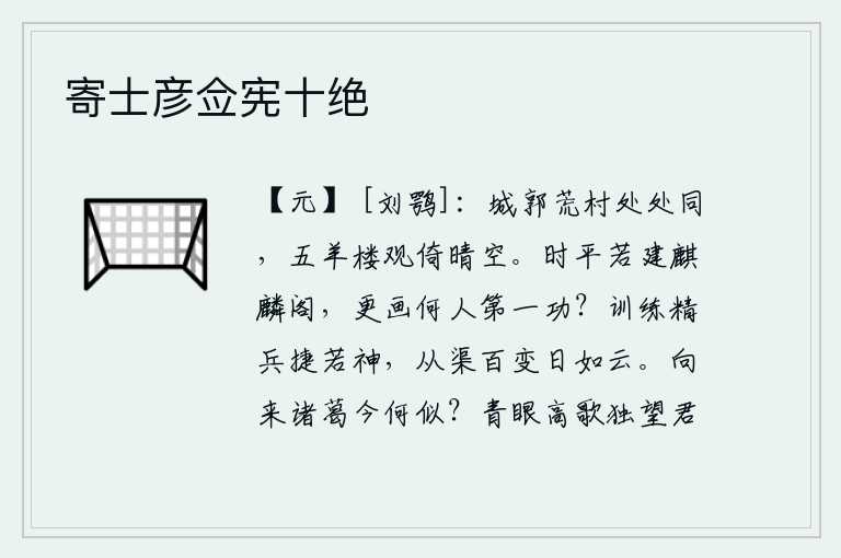 寄士彦佥宪十绝,城郭和荒村的景象到处相同,五羊楼上雄伟壮丽的殿堂紧靠着晴朗的天空。如果太平盛世能修建麒麟阁,那么再来绘画是谁的第一功劳呢?训练有素的精锐部队,敏捷得如同神仙一样