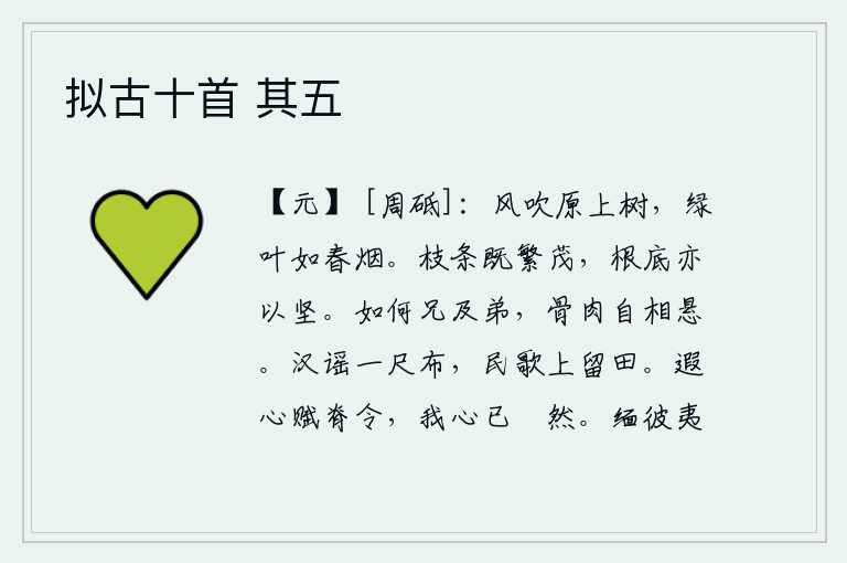 拟古十首 其五,春风吹拂着原野上的树木,嫩绿的叶子就像春天的云烟一样。树木的枝条虽然繁茂,但它的根底却很牢固。为什么从兄长到弟弟之间,骨肉之情却有很大差别呢?汉代有歌谣说只要一